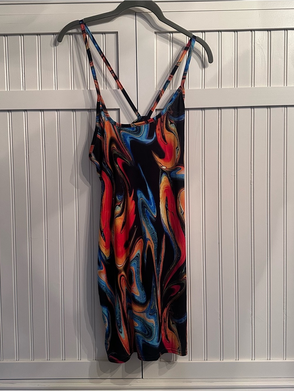 PrettyLittleThing Multi Abstract Slinky Asymmetric Strap Detail Bodycon Dress 8